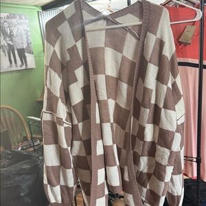 SHEIN Brown and Cream Checkered Cardigan